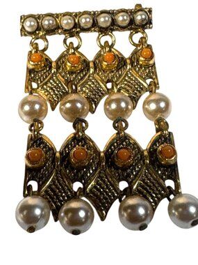 Gold Tone Brooch With Faux Pearls & Orange Accents Dangling Design Elegant